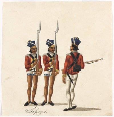 Sepoys och en indisk officer, Bengal Army, ca 1815 (akvarell på papper) av Indian School