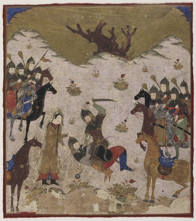 Shahru identifierar Burzu som Rustams barnbarn under den sista striden mellan Rustam och Burzu, ca 1425-50 (ogenomskinlig akvarell och guld på papper av Indian School