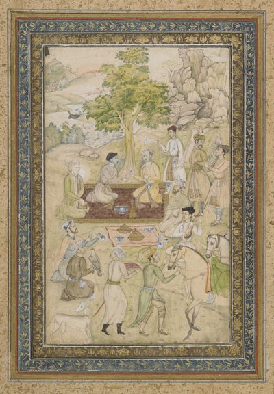 Sultan Murad och Sultan Daniyal på picknick, fristående albumfolio med målning, ca 1900 av Indian School