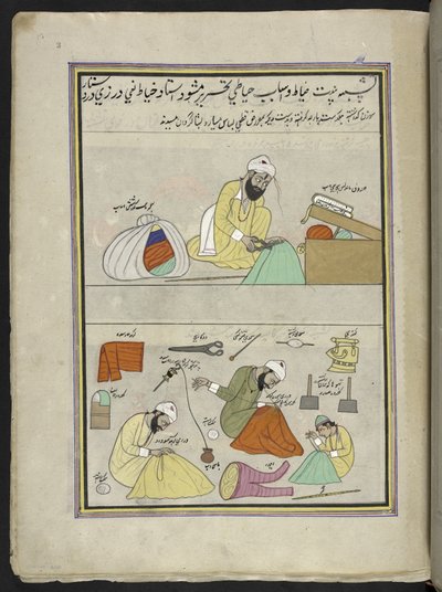 Skräddare,  86 teckningar inbundna i en volym som visar yrken och yrken i Kashmir, hantverkare visas i arbete med sina redskap och utrustning,  Av en Kashmir-konstnär, troligen i Srinagar, ca 1850-60 (gouache på papper) av Indian School
