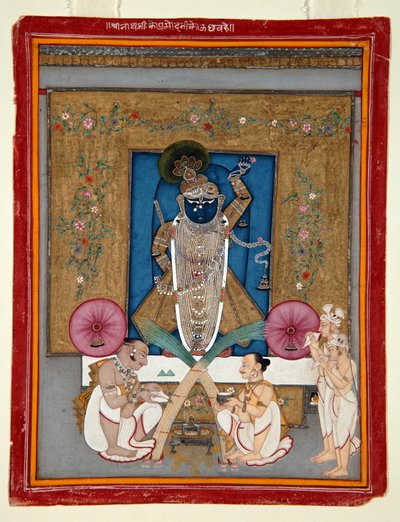 Tillbedjan av Krishna som Shrinath ji, 1800-25 (ogenomskinlig wc & guld på papper) av Indian School