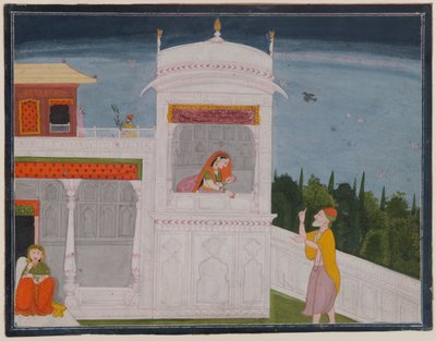 Brahminen Sudama och Rukmini i ett palats, sida från Sudama-avsnittet av Bhagavata Purana-serien, ca 1800 eller senare (wc på papper) av Indian School