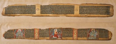 Buddha distribuerar honung, från ett Prajnaparamita-manuskript, Västbengalen (ogenomskinlig akvarell och bläck på palmblad) av Indian School