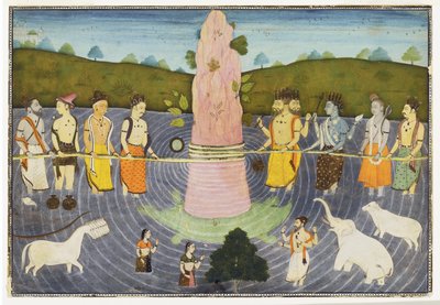 The Churning of the Ocean of Milk, c.1700 (ogenomskinlig wc & guld) av Indian School