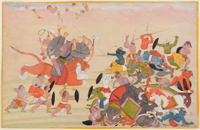 The Devi besegrar Mahishasura, folio från en spridd Devi Mahatmya-serie, c.1770-80 (wc på papper) av Indian School