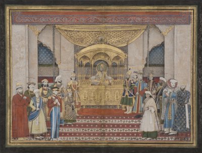 Mughalkejsaren Bahadur Shah II i Darbar, 1839 (ogenomskinlig wc & guld på papper) av Indian School