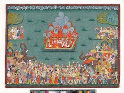The Sati of Ramabai, fru till Madhavrao Peshwa, ca 1772-75 (akvarell & guld på papper) av Indian School