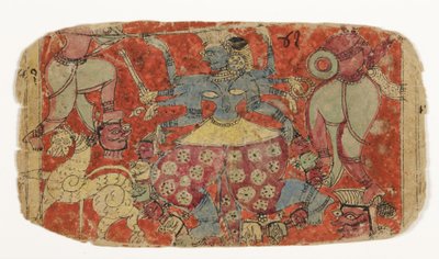 Gudinnan Kali slåss mot demoner, från Durga som attackerar demonerna Shambha och Nishumbha (ogenomskinlig wc på papper) av Indian School
