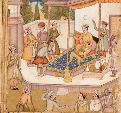 Rajan vars gäst bad honom om 500 dinarer dagligen, ca 1585 (ogenomskinlig wc & guld på papper) av Indian School