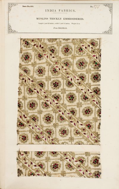 Tjockt broderat muslinprov från Madras, från The Collection of the Textile Manufacturers of India, av John Forbes Watson, publicerad 1866 av Indian School