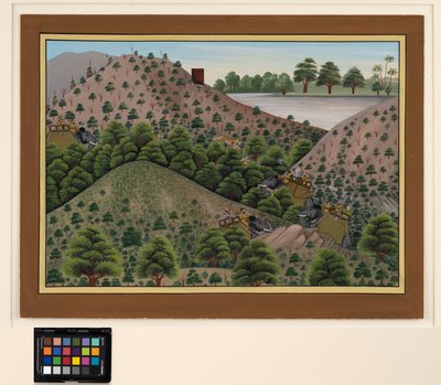 Tigerjakt med en flod i bakgrunden, ca 1880 (ogenomskinlig akvarell på papper) av Indian School