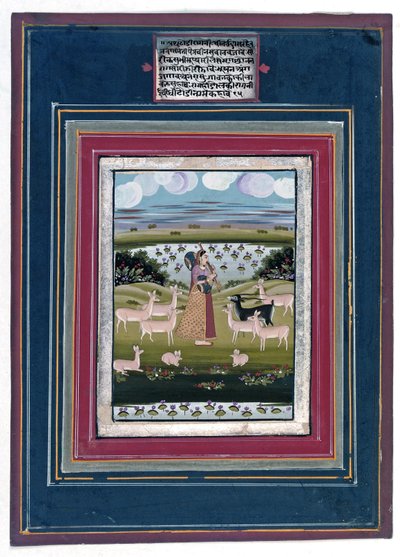 Todi ragini - En dam som spelar en vina i ett landskap med djur, 1810-20 av Indian School