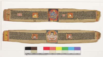 Överst: Dansande rakapparat; Nederst: Bodhisattva Sadakshi Awolokiteshwara and Attendants, CII- (OPQW & Inc on Palm Leaf) av Indian School