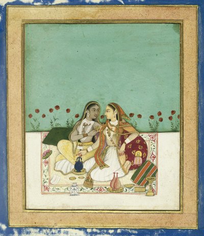 Två kvinnor på en terrass, efter 1700 (ogenomskinlig wc och guld på papper) av Indian School