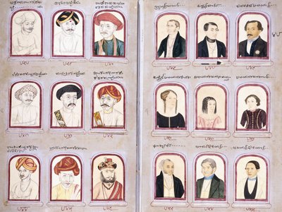 Två blad från ett album med inhemska och europeiska porträtt, ca 1830-1850 av Indian School