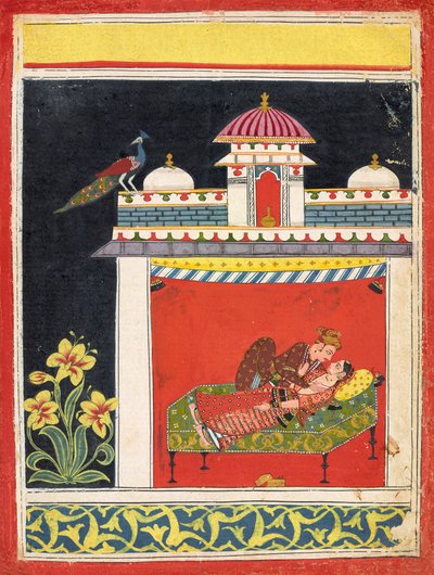 Två älskare i en paviljong, från en "Amarushataka" (Hundra dikter av Amaru), eller en oidentifierad erotisk serie, ca 1680 (ogenomskinlig akvarell och guld på papper) av Indian School