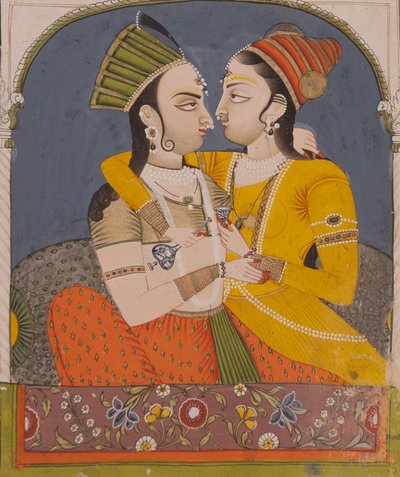 Två drottningar som delar en drink, från Lovers embrace in an alkove, c.1780 (ogenomskinlig wc & guld på papper) av Indian School