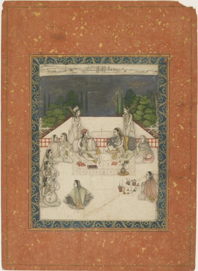 Två kvinnor sittande på en terrass, omgivna av skötare och musiker, ca 1650 (ogenomskinlig wc & guld på papper) av Indian School