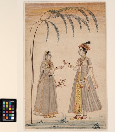 Två kvinnor under ett träd, ca 1750 (ogenomskinlig akvarell och guld på papper) av Indian School