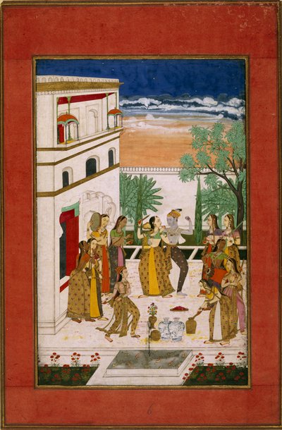 Vasanta Ragini, Radha & Krishna dansar, ca 1760 (akvarell på papper) av Indian School