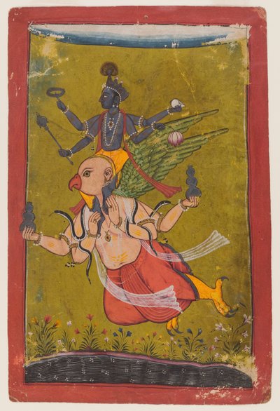 Vishnu på Garuda, ca 1725 eller tidigare (wc, silver & guld på papper) av Indian School