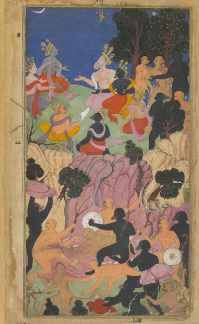 Vol.2 fol.194 Rama konfererar med Vanara-hövdingarna på Suvelaberget (ogenomskinlig akvarell, bläck och guld på papper) av Indian School