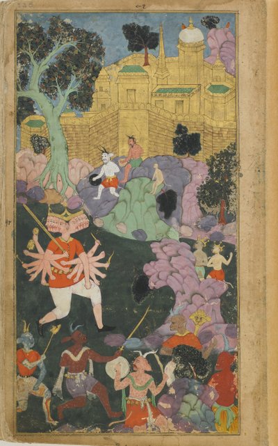 Vol.2 fol.238 Ravana och hans styrkor tar upp position framför staden (ogenomskinlig akvarell, bläck och guld på papper) av Indian School