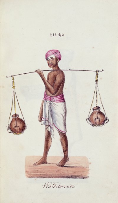 Watercarrier, från "A Digest of the different Castes of India", av Venkata Ramasvani, publicerade Madras av Indian School
