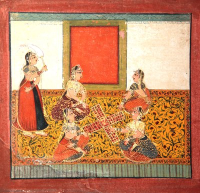 Kvinnor som spelar Parcheesi, sittande på ett gulmönstrat golvuppslag, ca 1725 (ogenomskinlig wc & guld på papper) av Indian School