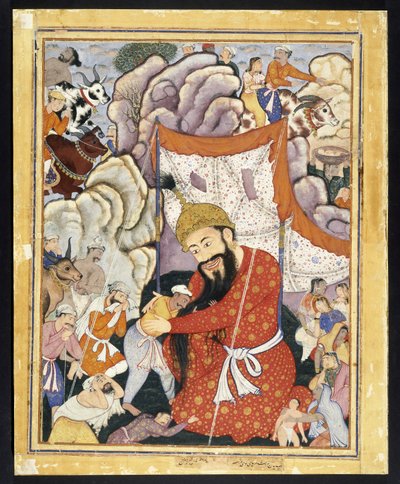 Zumurrud Shah tar sin tillflykt i bergen, ca. 1570 (ogenomskinlig akvarell och guld på bomullstyg) av Indian School