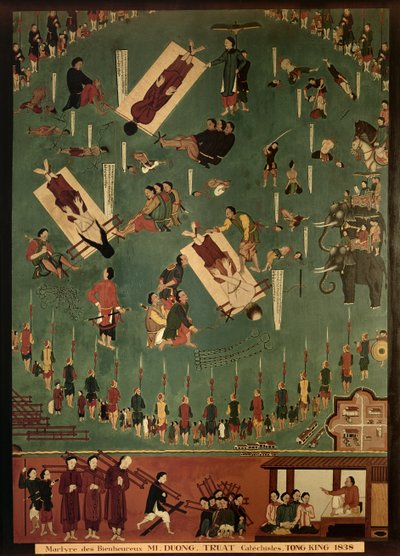 Den välsignade Mi, Duong och Truats martyrskap i Tongking, Kina, 1838-1838 av Indo Chinese School