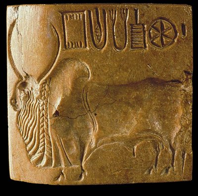 Zebu Bull Seal med Indus-skrift hittades i Mohenjo Daro, Indus Valley, 3:e årtusendet f.Kr. av Indus Valley Civilisation.