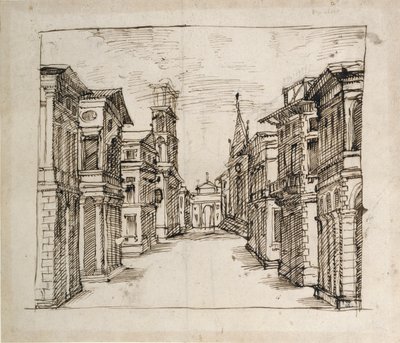 En gata i perspektiv, ca 1617 (penna och bläck på papper) av Inigo Jones