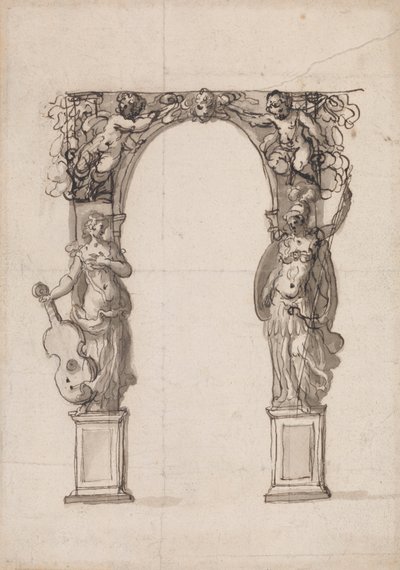 Design för en tillfällig båge prydd med Putti och allegoriska figurer av musik och krig av Inigo Jones