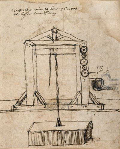 Diagram för en remskiva som lyfter murverk (penna & bläck på papper) av Inigo Jones