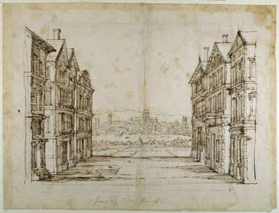 Engelska hus med London och Themsen långt borta (penna och bläck på papper) av Inigo Jones