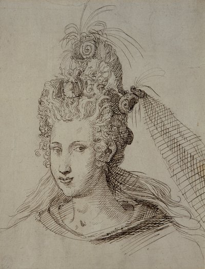Huvudbonad, förmodligen för Anne av Danmark (penna och bläck på papper) av Inigo Jones
