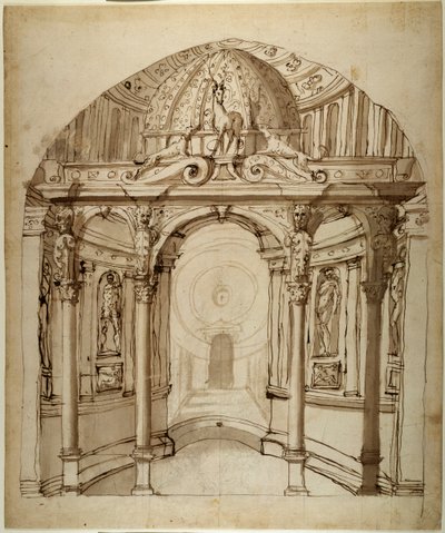 Interiör av palatset, ca 1611 (penna och bläck på papper) av Inigo Jones