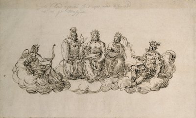 Jove with the Senate of the Gods, c.1622 (penna och bläck på papper) av Inigo Jones
