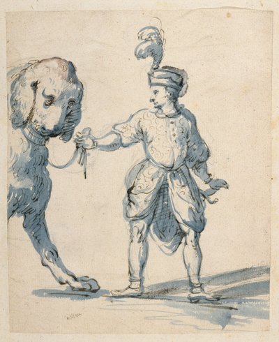 Polsk dvärg som leder en hund (penna & bläck och tvätt på papper) av Inigo Jones