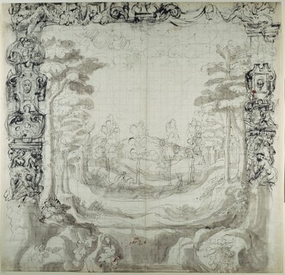 Proscenium och jaktscen (penna och bläck på papper) av Inigo Jones