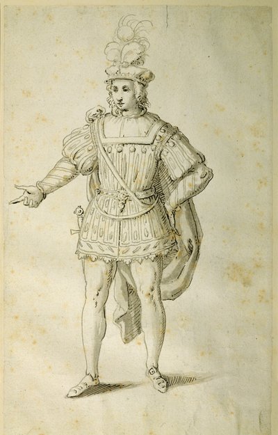 Ungdom i gammal brittisk dräkt, ca 1611 (penna och bläck på papper) av Inigo Jones