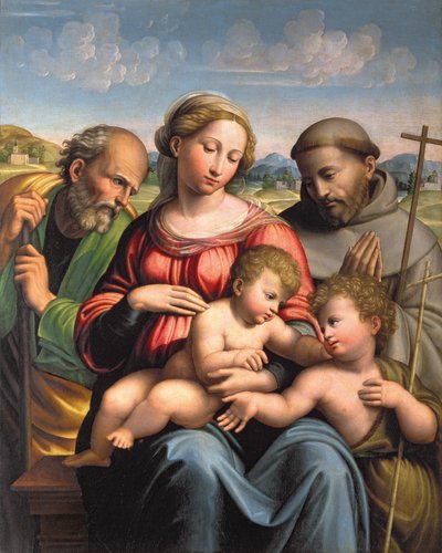 Helig familj med spädbarnet St. Johannes Döparen och St. Franciskus av Innocenzo da Imola