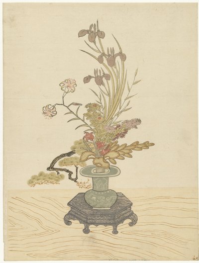 Ikebana blomsterarrangemang i grön vas av Ippitsusai Bunchô (manner of)