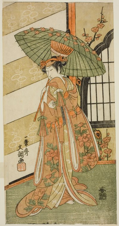 Skådespelaren Onoe Tamizo I som Nishikigi i pjäsen Mutsu no Hana Ume no Kaomise, framförd på Ichimura-teatern under elfte månaden, 1769 av Ippitsusai Bunchō