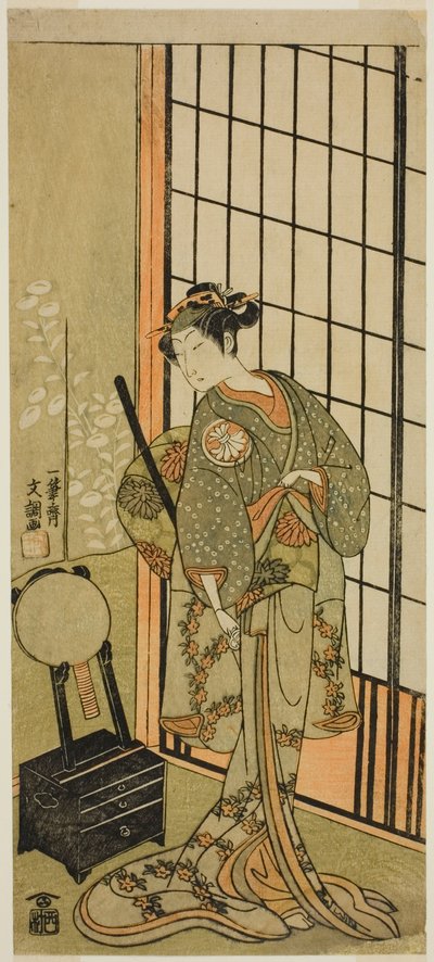 Skådespelaren Segawa Kikunojo II som prinsessan Hitomaru (Hitormaru Hime) (?) i pjäsen Soga Moyo Aigo no Wakamatsu (?), framförd på Nakamura Theatre (?) under den första månaden, 1769 (?) av Ippitsusai Bunchō