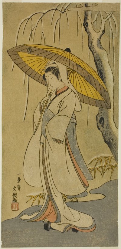 Skådespelaren Segawa Kikunojo II som Heron Maiden i pjäsen "Cotton Wadding of Izu Protecting the Matrimonial Chrysanthemums (Myoto-giku Izu no Kisewata)" uppfördes på Ichimura Theatre från den första dagen i den elfte månaden, 1770 av Ippitsusai Bunchō