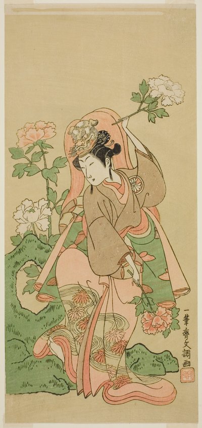 Skådespelaren Segawa Kikunojo II i Shakkyo Dans i pjäsen Soga Moyo Aigo no Wakamatsu, framförd på Nakamura Theatre i den andra månaden, 1769 av Ippitsusai Bunchō