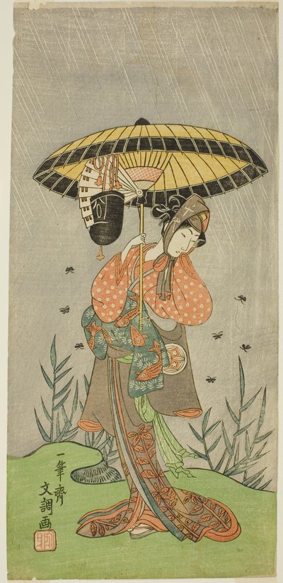 Skådespelaren Yamashita Kinsaku II som Nijo no Kisaki (?) i pjäsen Natsu Matsuri Naniwa Kagami (?), framförd på Morita Theatre (?) i den sjunde månaden, 1770 (?) av Ippitsusai Bunchō