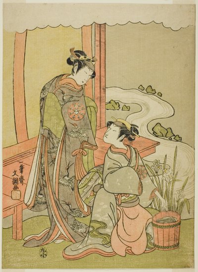Skådespelarna Nakamura Tomijuro I som Enju förklädd till Shirbyoshi Gio (höger) och Nakamura Noshio I som Goo förklädd till Hotoke Gozen (vänster), i pjäsen Miyako-zome Gio Katsugi, framförd på Morita Theatre i elfte månaden, 1770 av Ippitsusai Bunchō